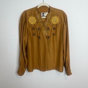 Vintage Bellino Paris 100% Silk Embroidered Blouse Beaded Boho Tunic Top Size 16